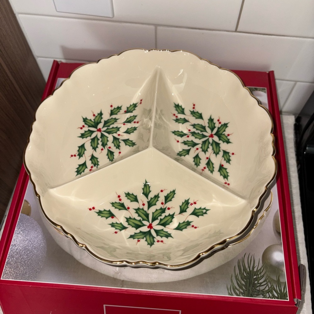 Lenox Holiday Holly Divided Porcelain Serving Bowl in Cream, Green, Red
